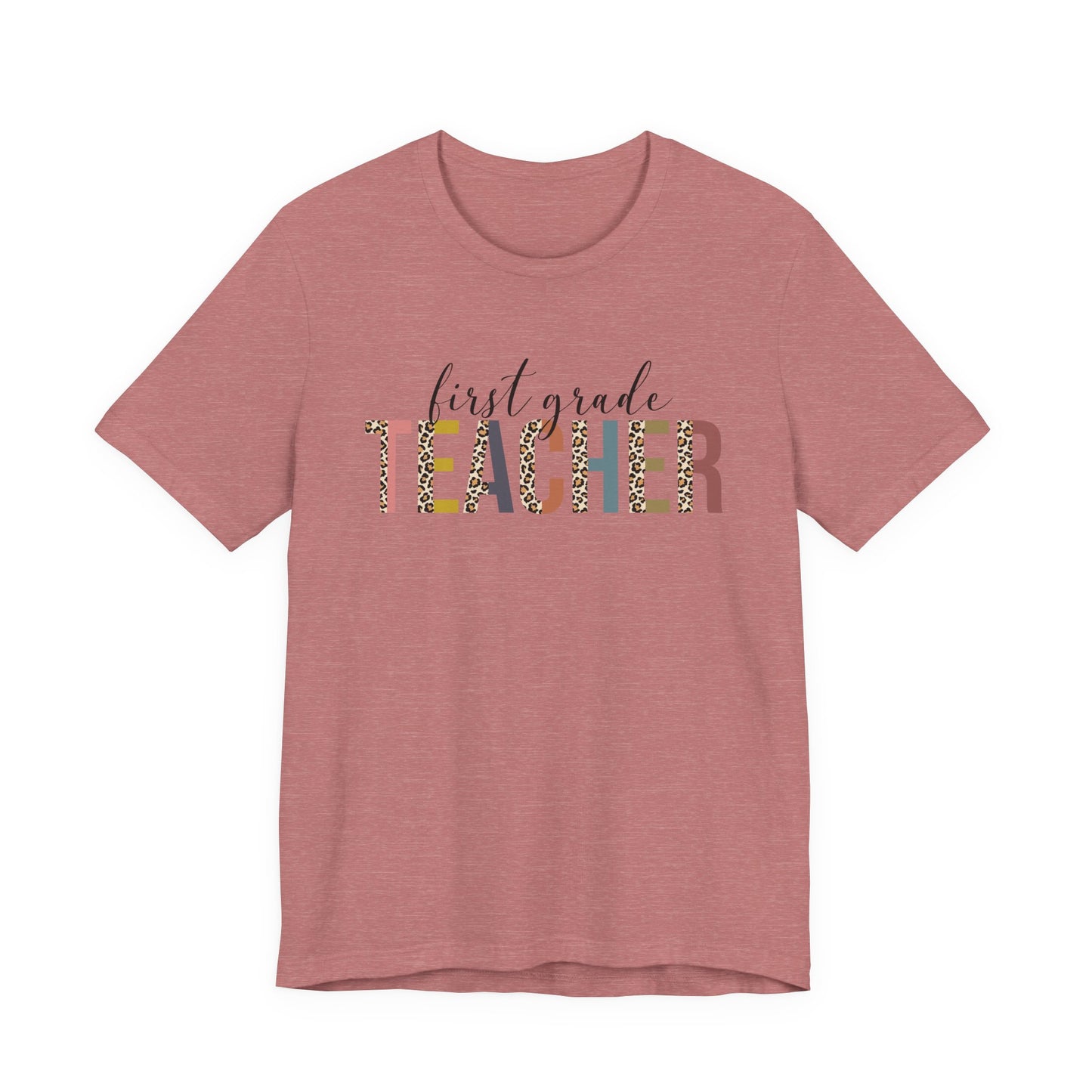 First Grade Teacher Jersey Short Sleeve Tee, Leopard Print and Pastel Rainbow Design T-Shirt, School Teacher Gifts, Back to School Tee