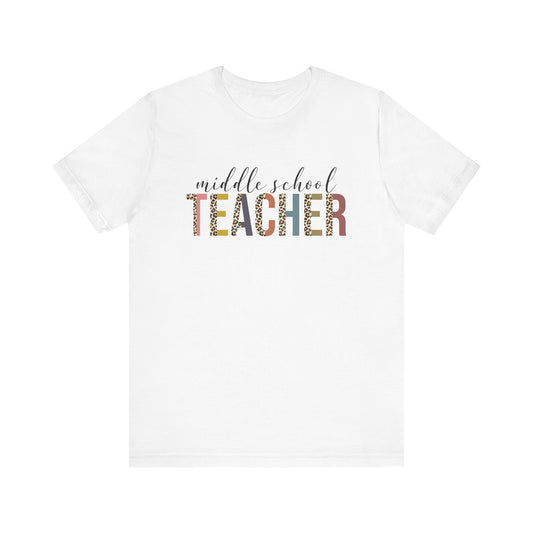 Middle School Teacher Jersey Short Sleeve Tee, Leopard Print and Pastel Rainbow Design T-Shirt, School Teacher Gifts, Back to School