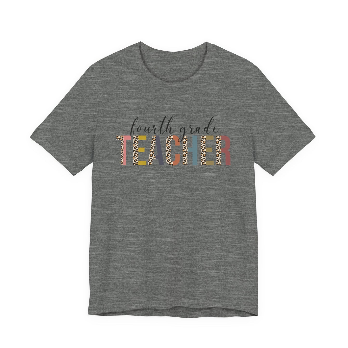 Fourth Grade Teacher Jersey Short Sleeve Tee, Leopard Print and Pastel Rainbow Design T-Shirt, School Teacher Gifts, Back to School T