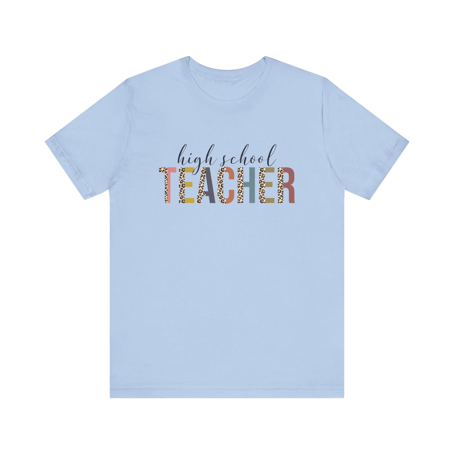 High School Teacher Jersey Short Sleeve Tee, Leopard Print and Pastel Rainbow Design T-Shirt, School Teacher Gifts, Back to School