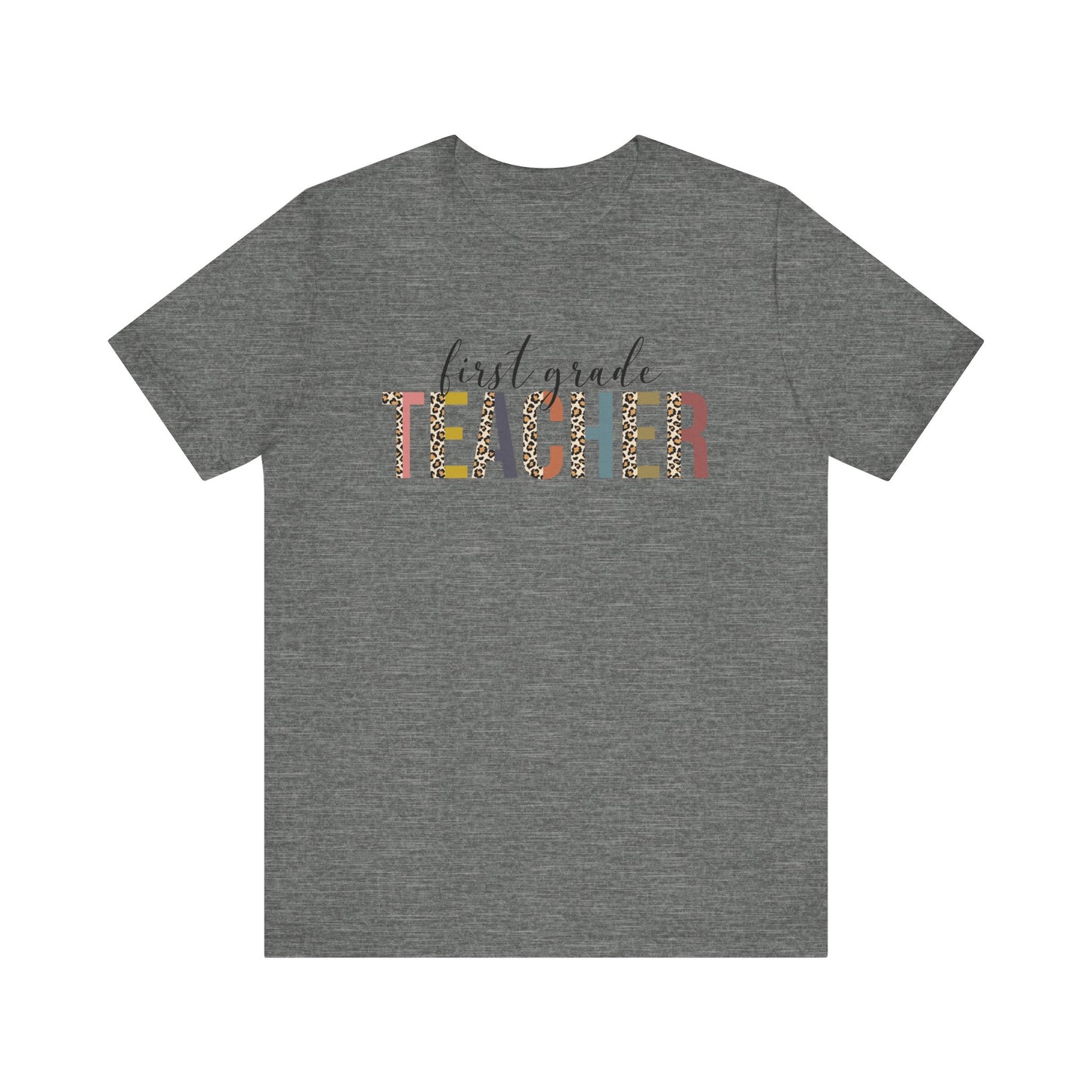 First Grade Teacher Jersey Short Sleeve Tee, Leopard Print and Pastel Rainbow Design T-Shirt, School Teacher Gifts, Back to School Tee
