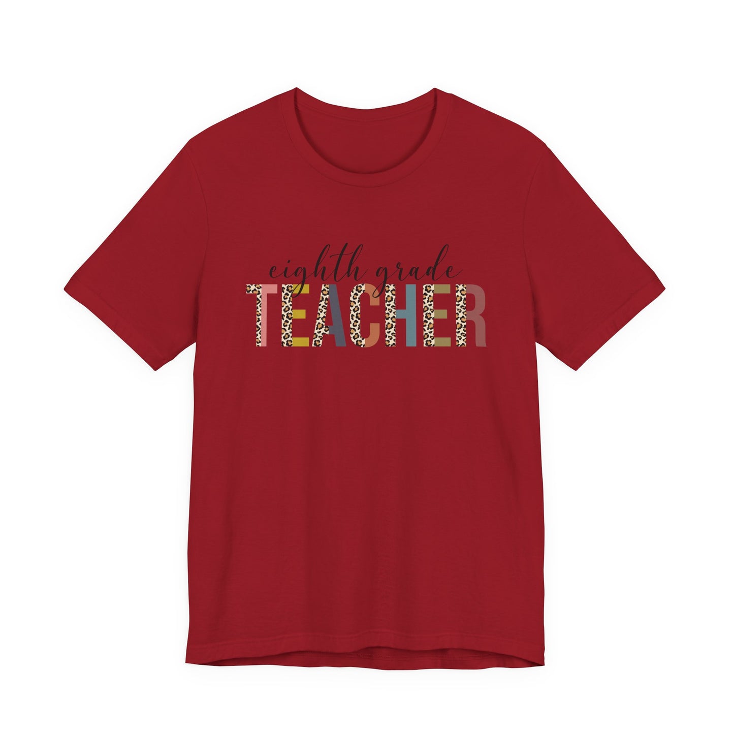Eighth Grade Teacher Jersey Short Sleeve Tee, Leopard Print and Pastel Rainbow Design T-Shirt, School Teacher Gifts, Back to School