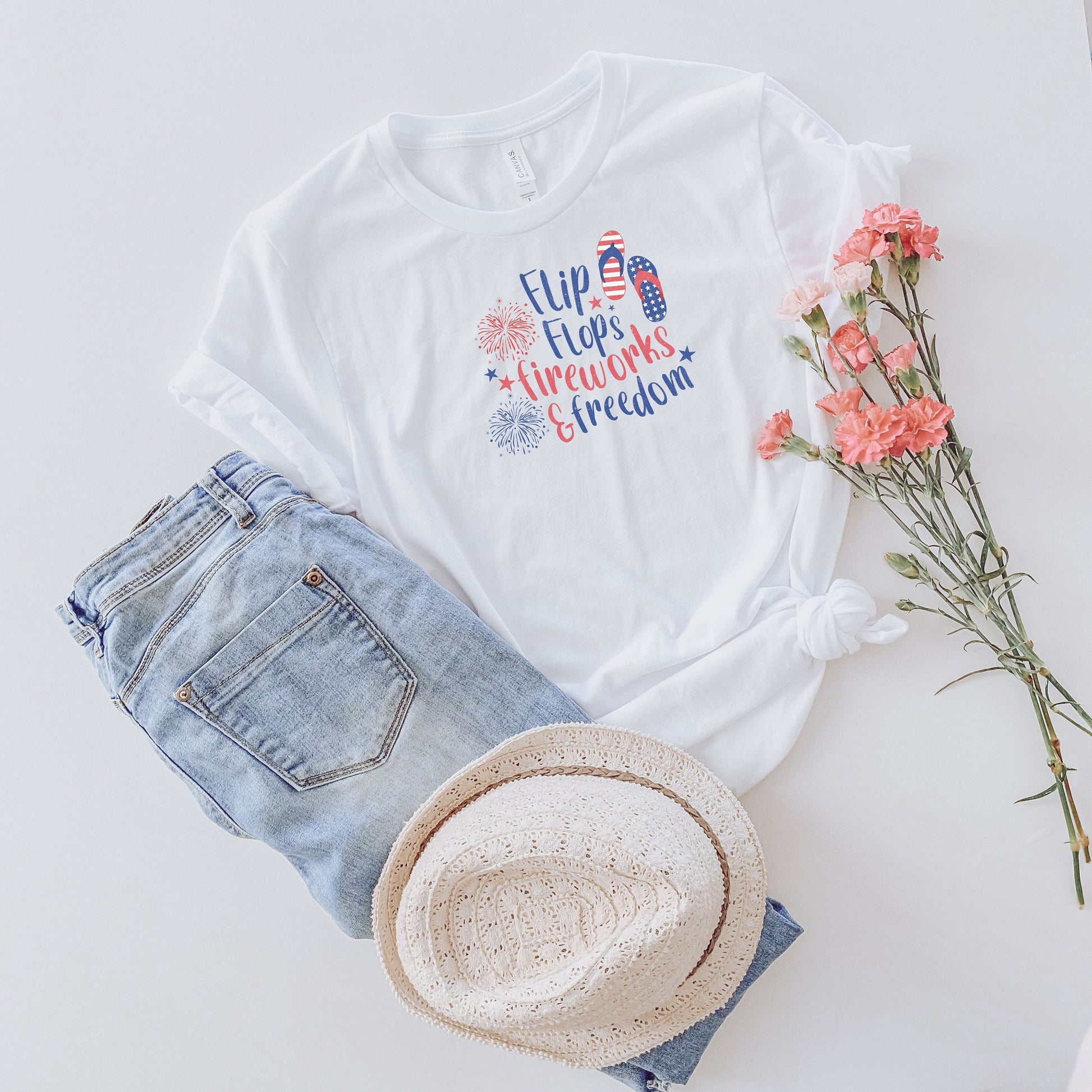 Flip Flops, Fireworks, and Freedom Unisex Jersey Short Sleeve Tee, Independence Day Summer Gift for Men and Women, Red White and Blue Pride