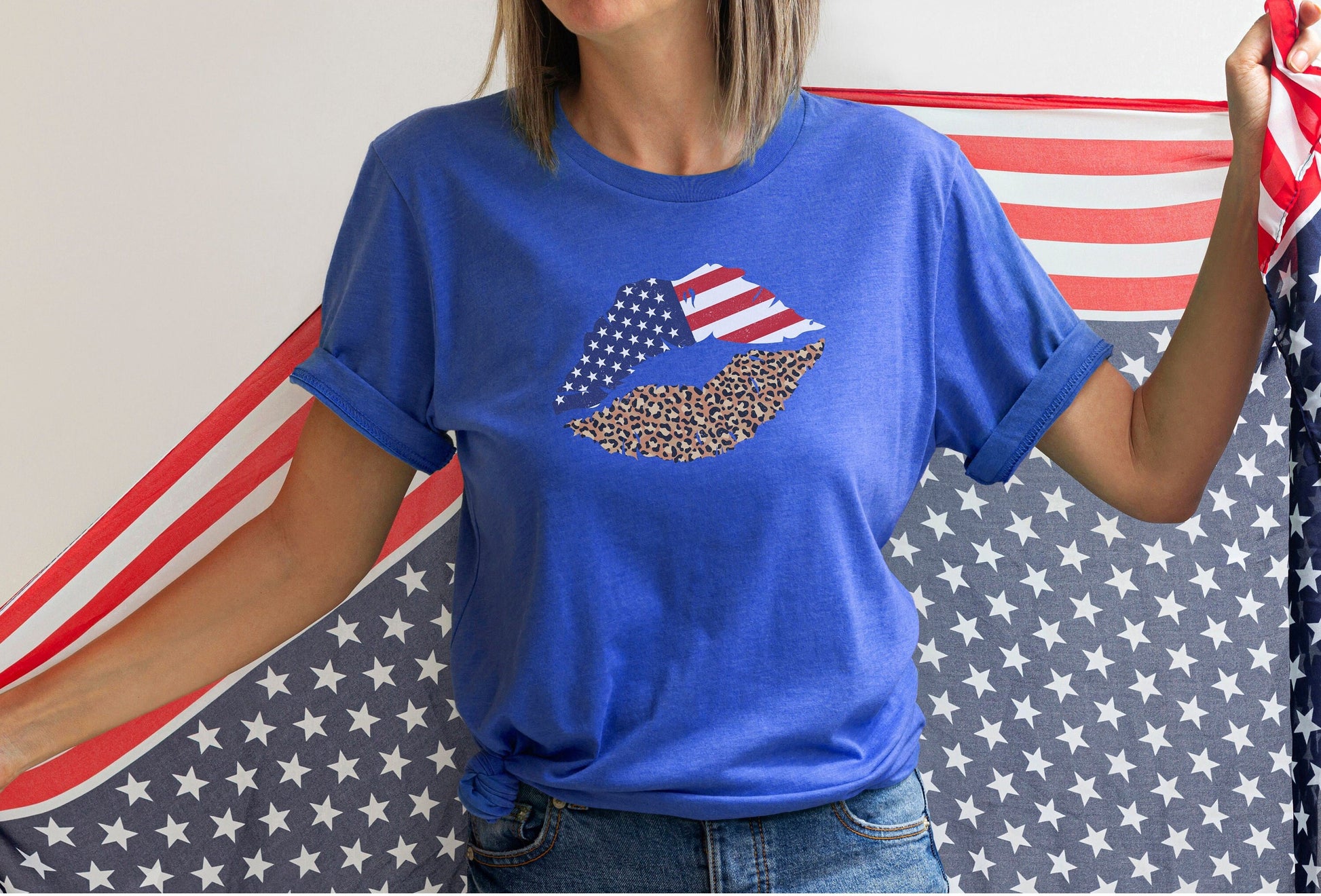 Sweet American Leopard Lips Unisex Jersey Short Sleeve Tee, Patriotic Women's Shirts for Every Age, Independence Day Clothing Gifts