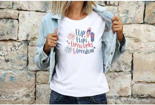 Flip Flops, Fireworks, and Freedom Unisex Jersey Short Sleeve Tee, Independence Day Summer Gift for Men and Women, Red White and Blue Pride