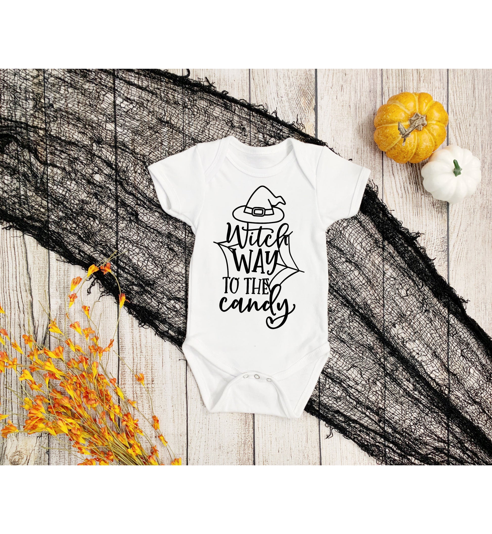 Witch Way to the Candy Infant Fine Jersey Bodysuit, Fall Autumn Halloween Onesie, Autumn Outfit for a Baby Witch, Spooky Scary Witch Tee