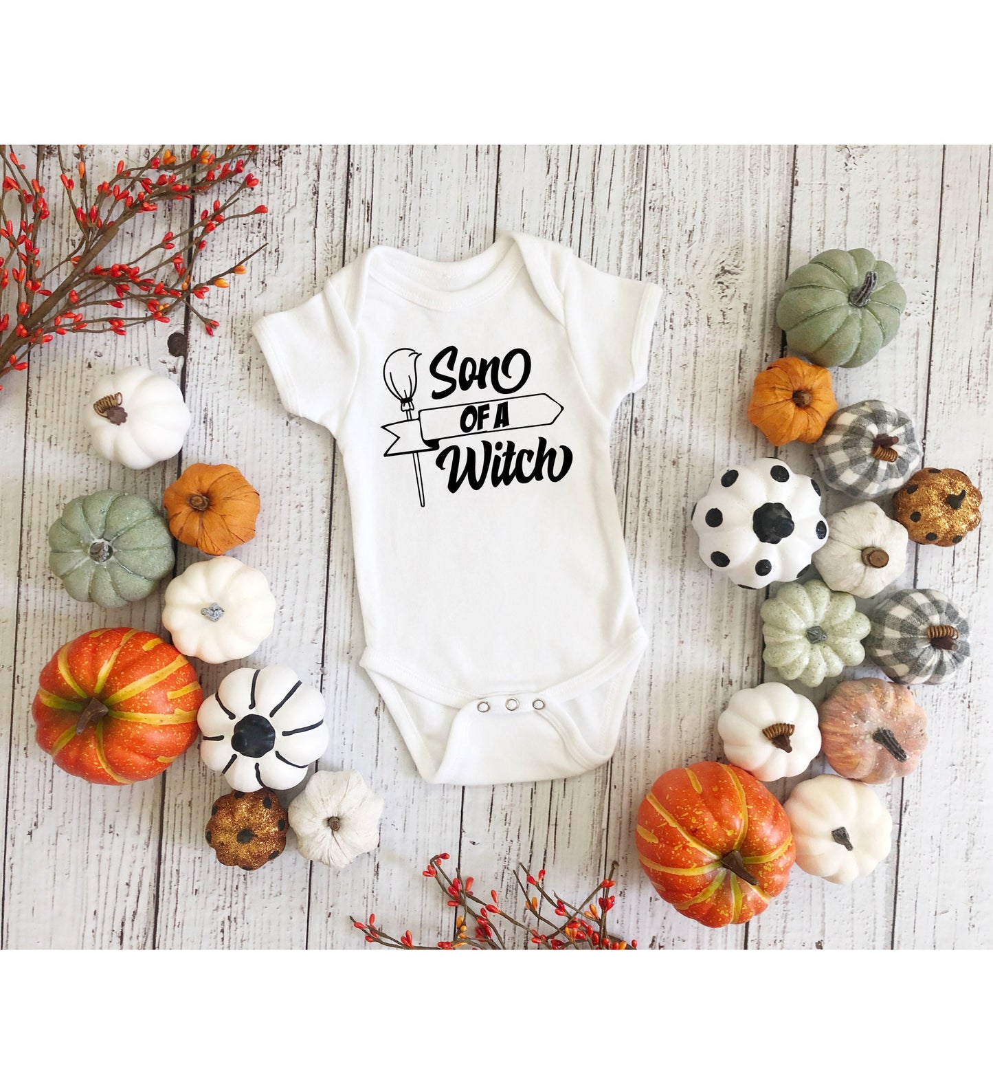 Son of a Witch Infant Fine Jersey Bodysuit, Funny and Cute Baby Boy Halloween Themed Onesie, Spooky Trick or Treat Outfit for Fall Babies