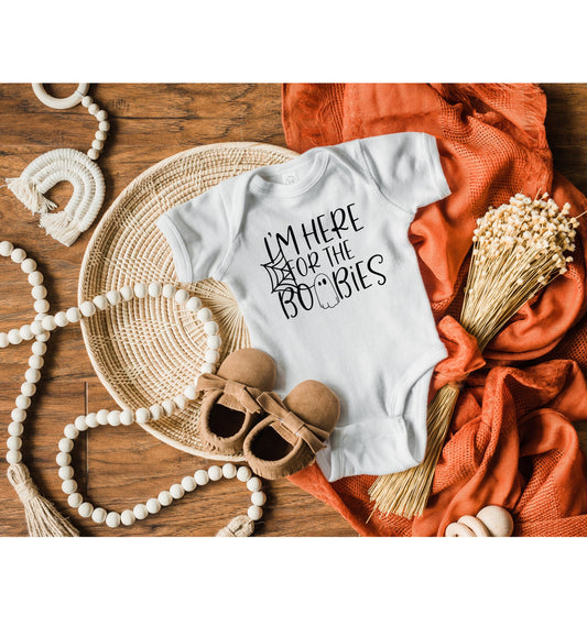 I'm Here for the Boobies Infant Fine Jersey Bodysuit, Funny Halloween Baby Onesie, Baby Boy or Girl Fall Themed Gift