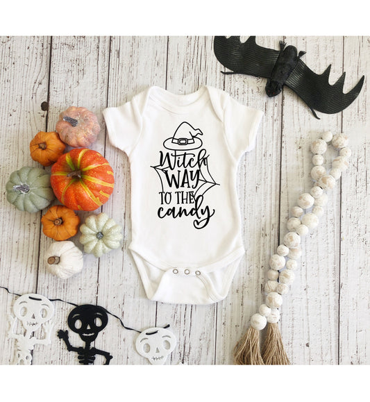 Witch Way to the Candy Infant Fine Jersey Bodysuit, Fall Autumn Halloween Onesie, Autumn Outfit for a Baby Witch, Spooky Scary Witch Tee