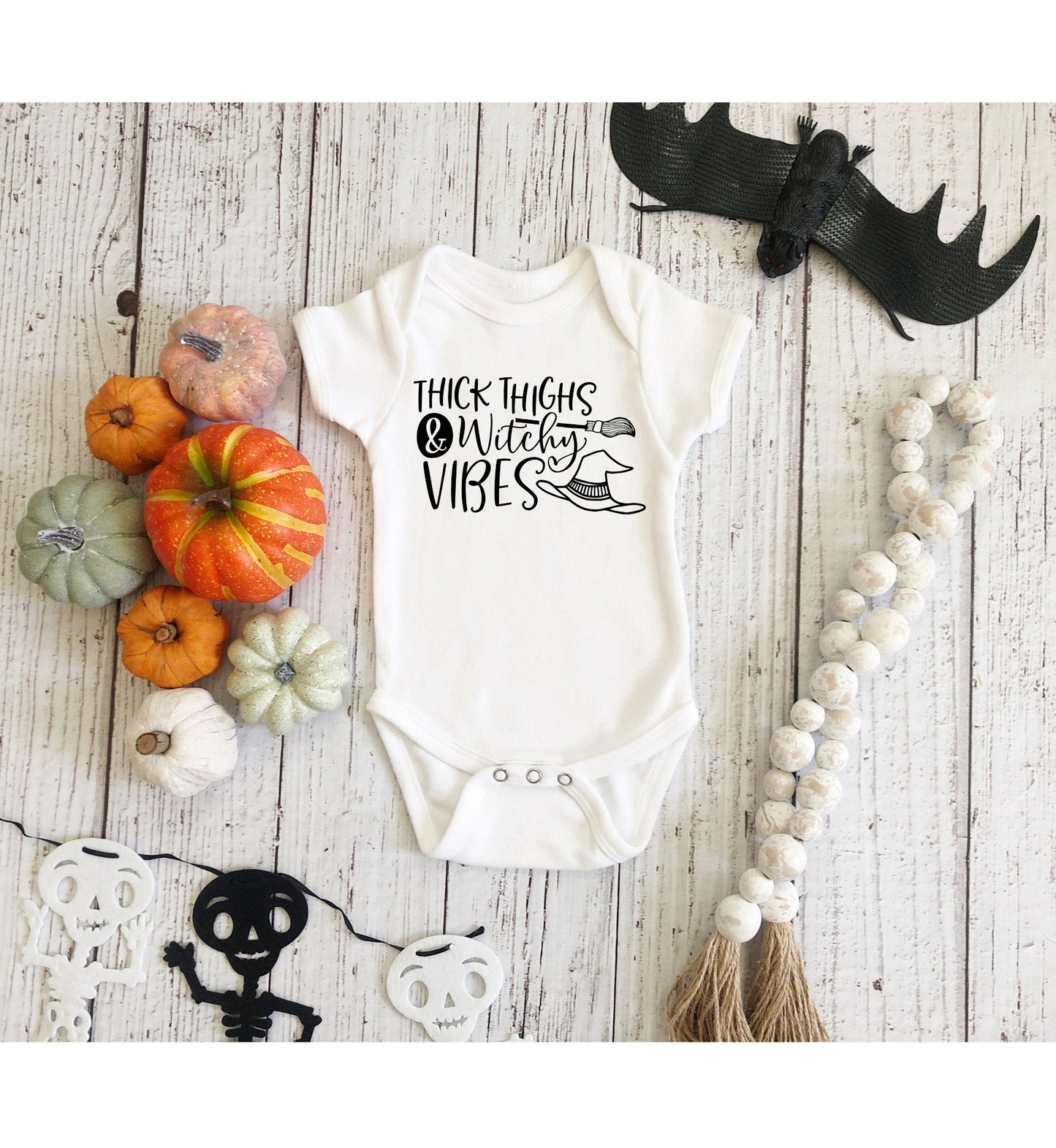 Thick Thighs & Witching Vibes Infant Fine Jersey Bodysuit, Cute Halloween Baby Onesie Outfit, Autumn Fall Baby Shower Gift