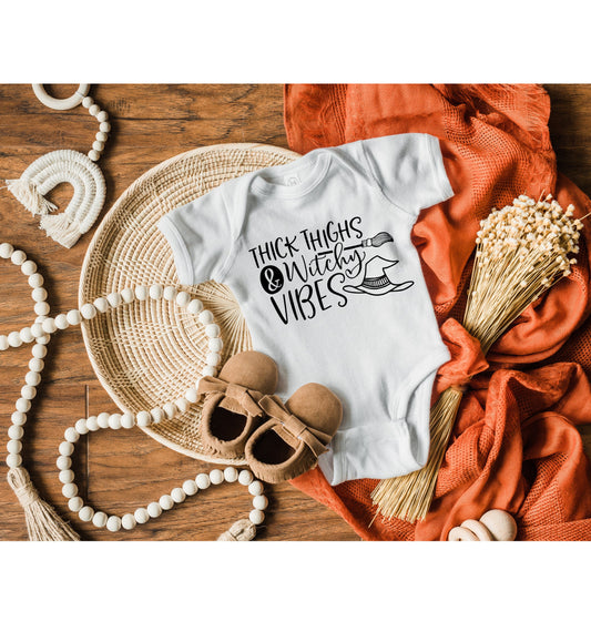Thick Thighs & Witching Vibes Infant Fine Jersey Bodysuit, Cute Halloween Baby Onesie Outfit, Autumn Fall Baby Shower Gift