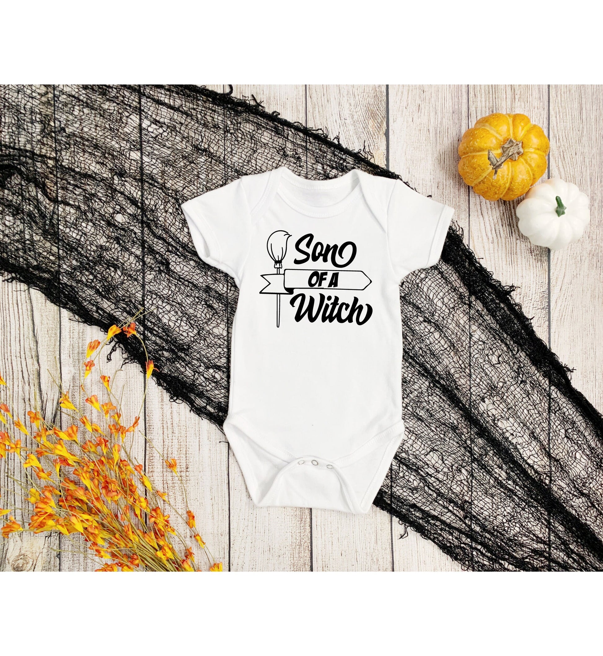 Son of a Witch Infant Fine Jersey Bodysuit, Funny and Cute Baby Boy Halloween Themed Onesie, Spooky Trick or Treat Outfit for Fall Babies
