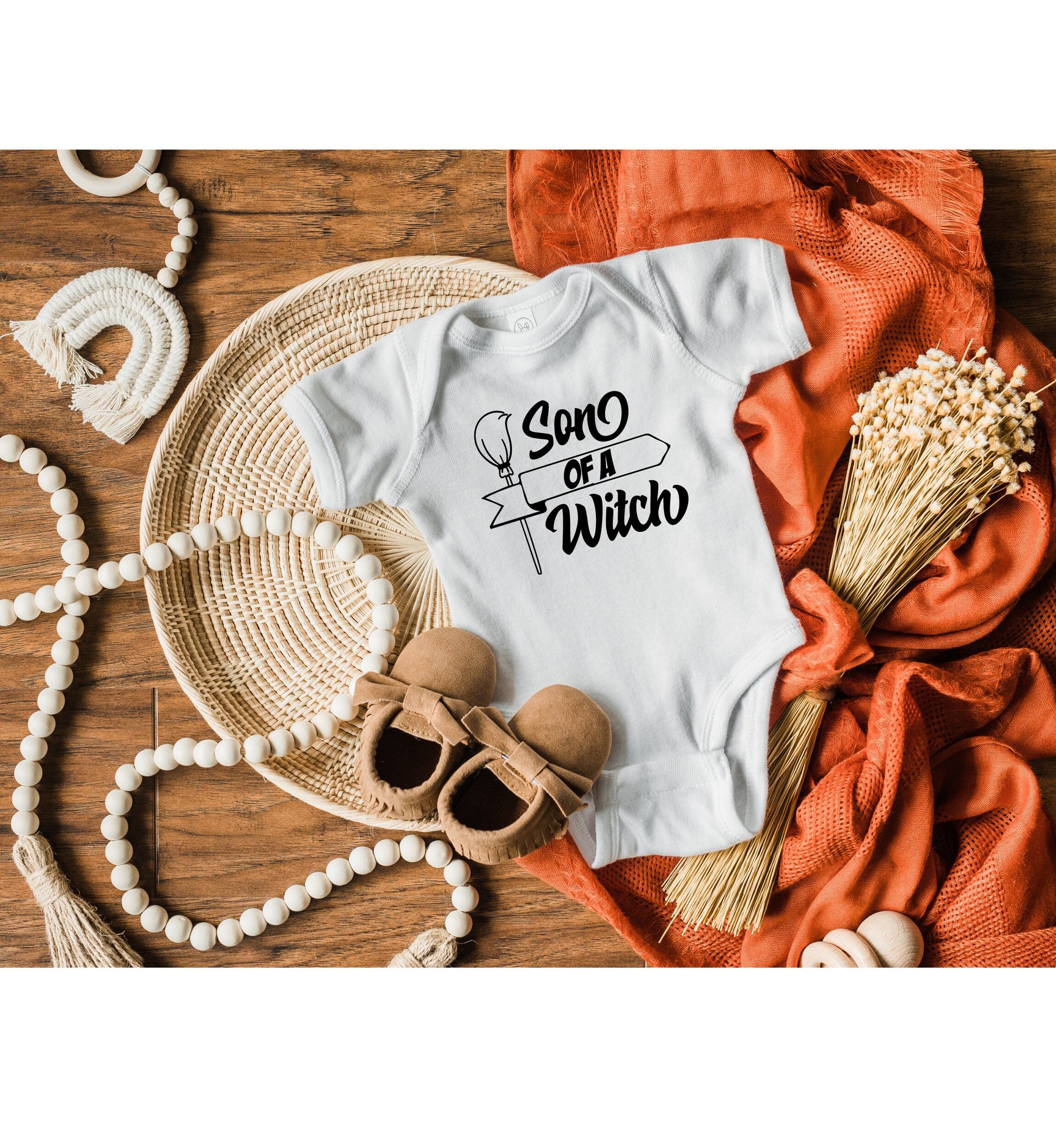 Son of a Witch Infant Fine Jersey Bodysuit, Funny and Cute Baby Boy Halloween Themed Onesie, Spooky Trick or Treat Outfit for Fall Babies