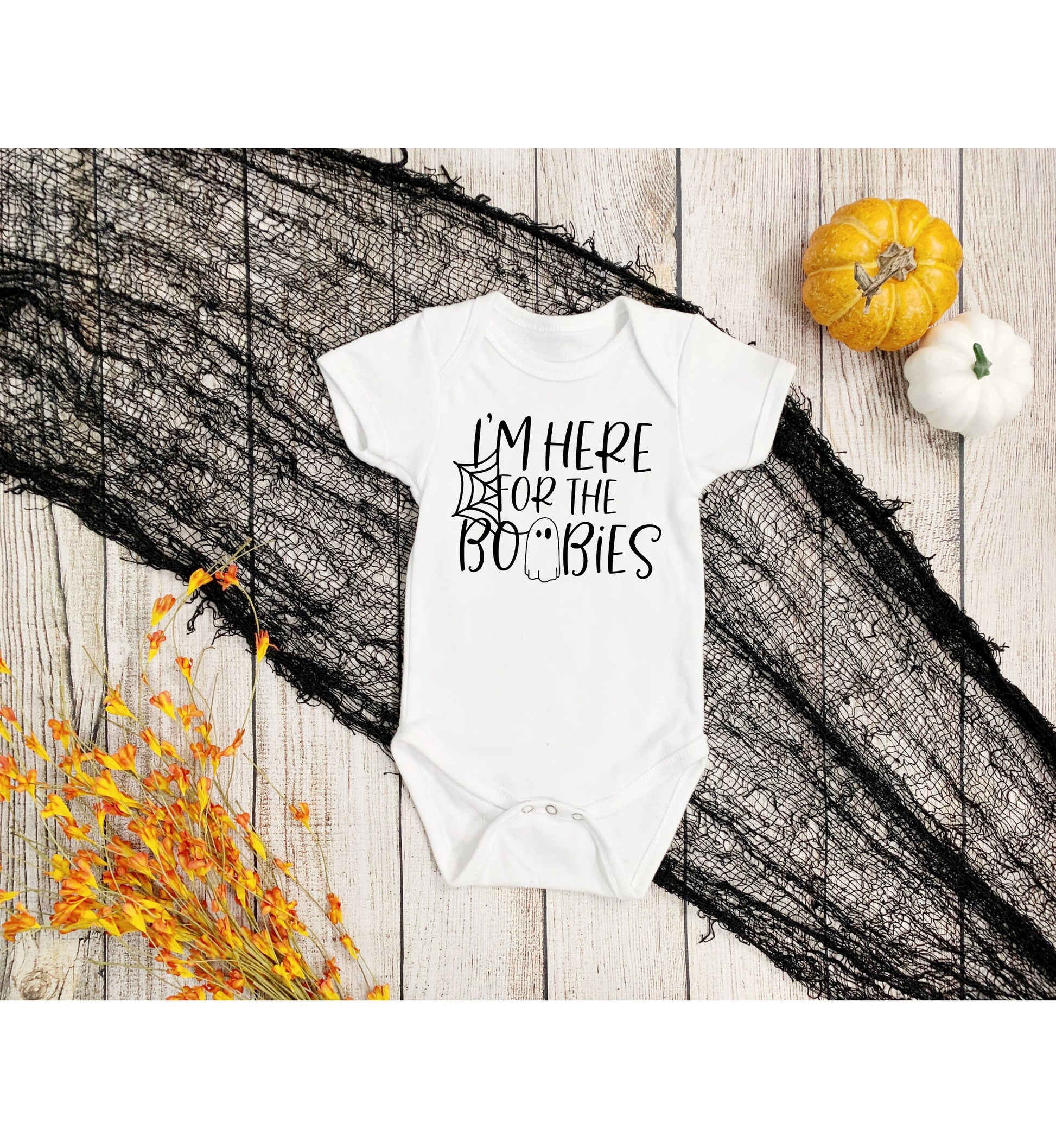 I'm Here for the Boobies Infant Fine Jersey Bodysuit, Funny Halloween Baby Onesie, Baby Boy or Girl Fall Themed Gift