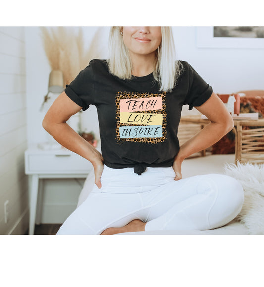 90's Print Teach Love Inspire Jersey Short Sleeve Tee, Vintage Leopard T Shirts 90s, 90s Style Teacher T-Shirt Gift