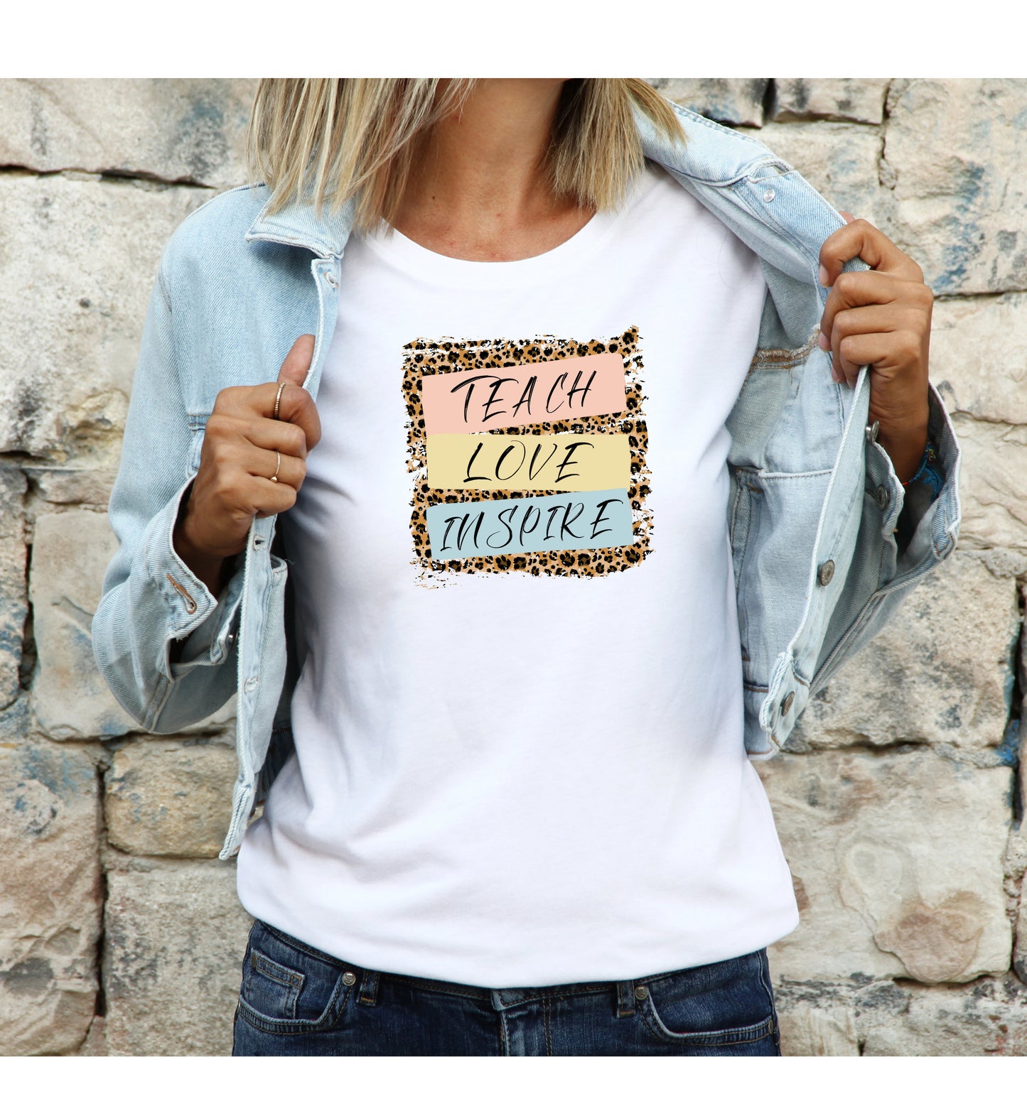 90's Print Teach Love Inspire Jersey Short Sleeve Tee, Vintage Leopard T Shirts 90s, 90s Style Teacher T-Shirt Gift