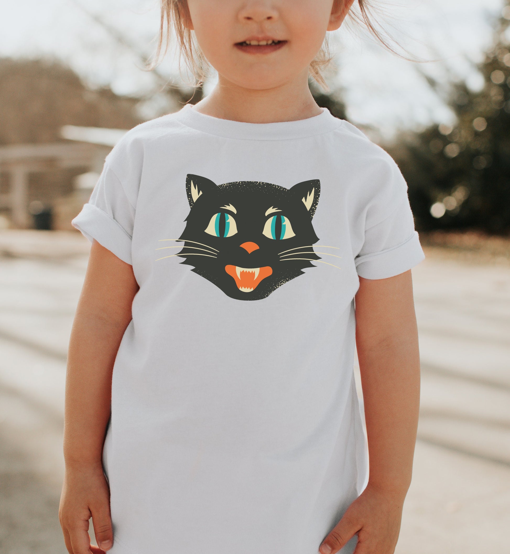 Vintage Black Cat Kids Heavy Cotton Tee, Retro Halloween T-Shirts for kids, Halloween Black Cat Shirt