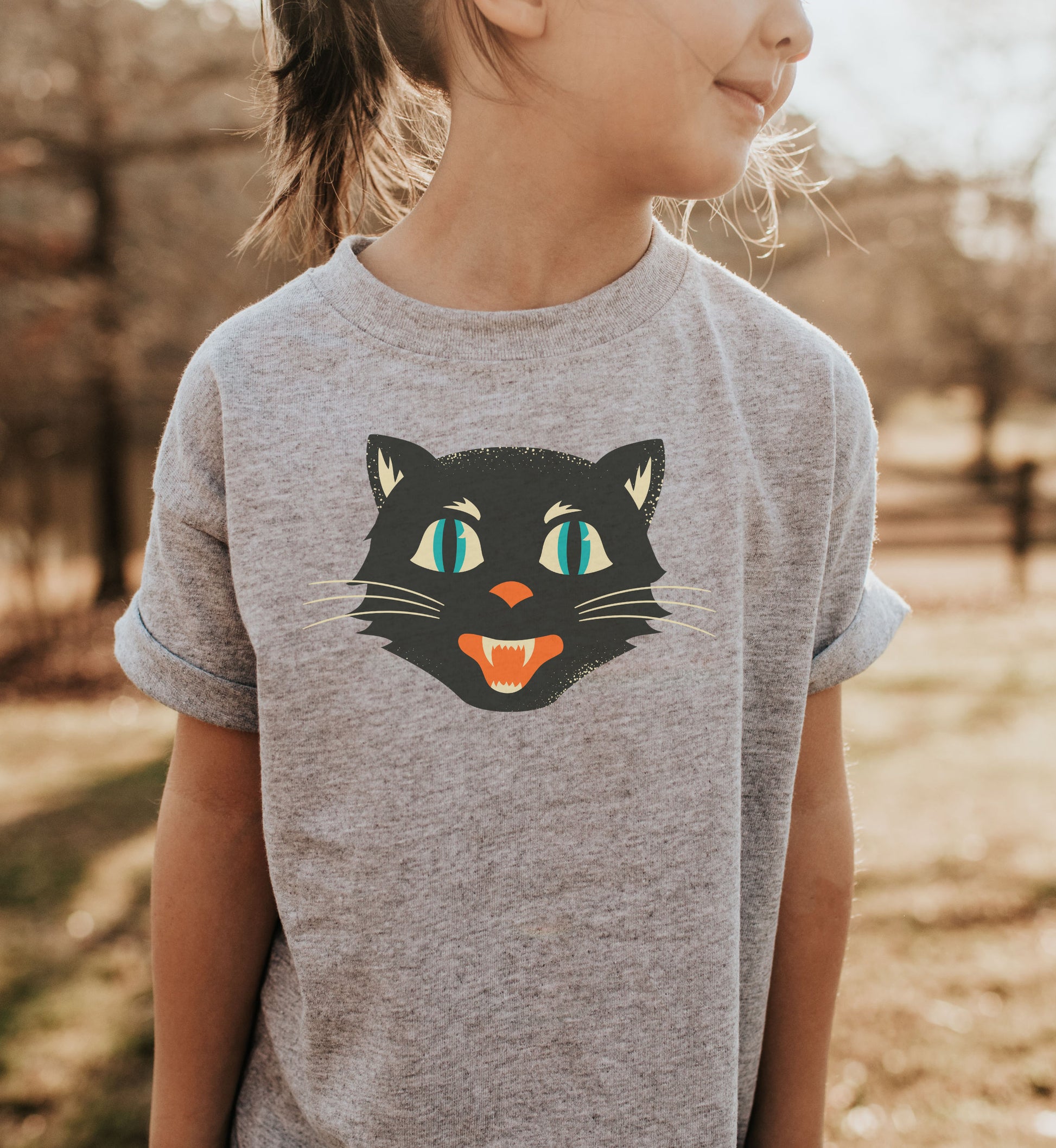 Vintage Black Cat Kids Heavy Cotton Tee, Retro Halloween T-Shirts for kids, Halloween Black Cat Shirt
