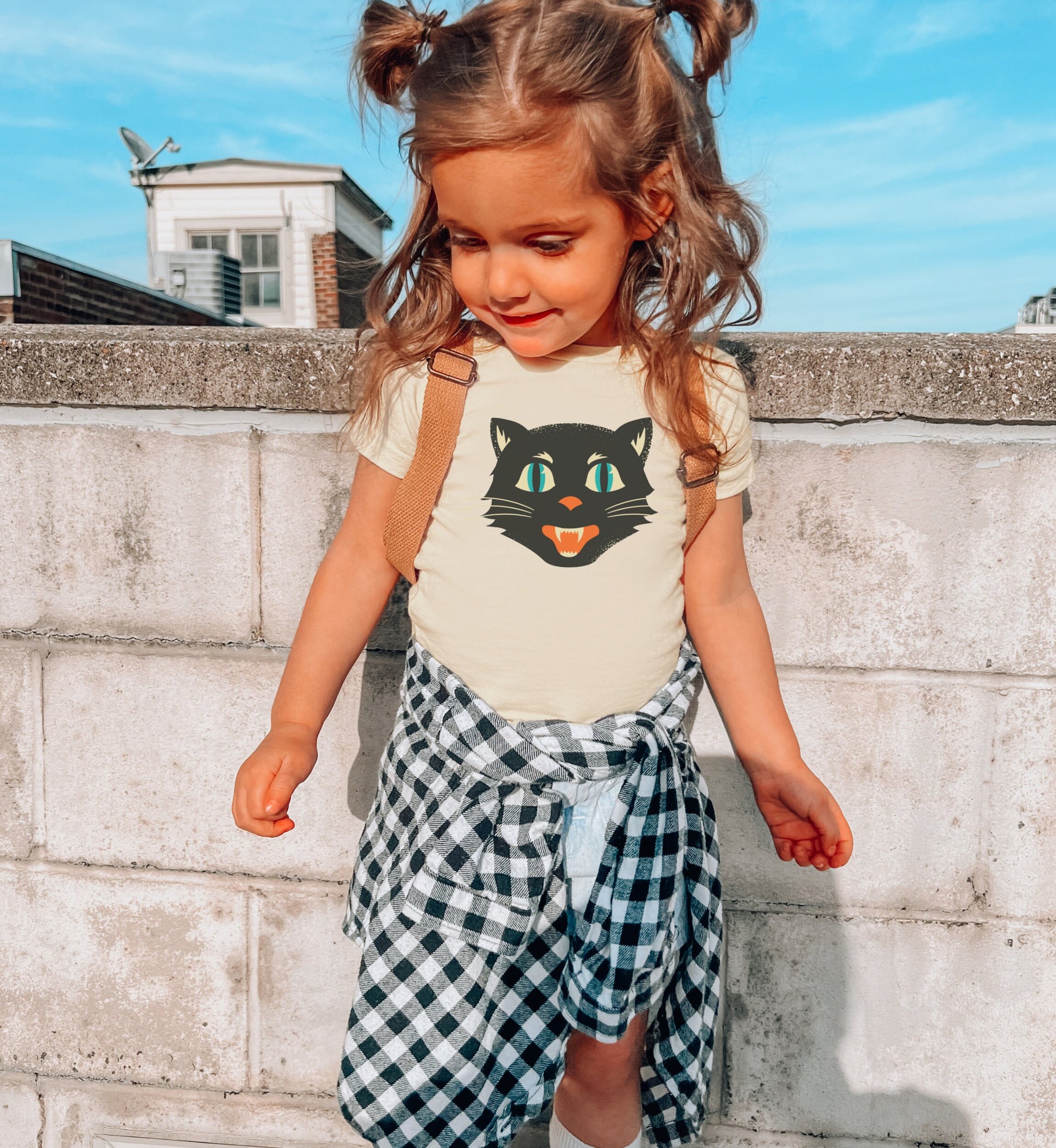 Vintage Black Cat Kids Heavy Cotton Tee, Retro Halloween T-Shirts for kids, Halloween Black Cat Shirt